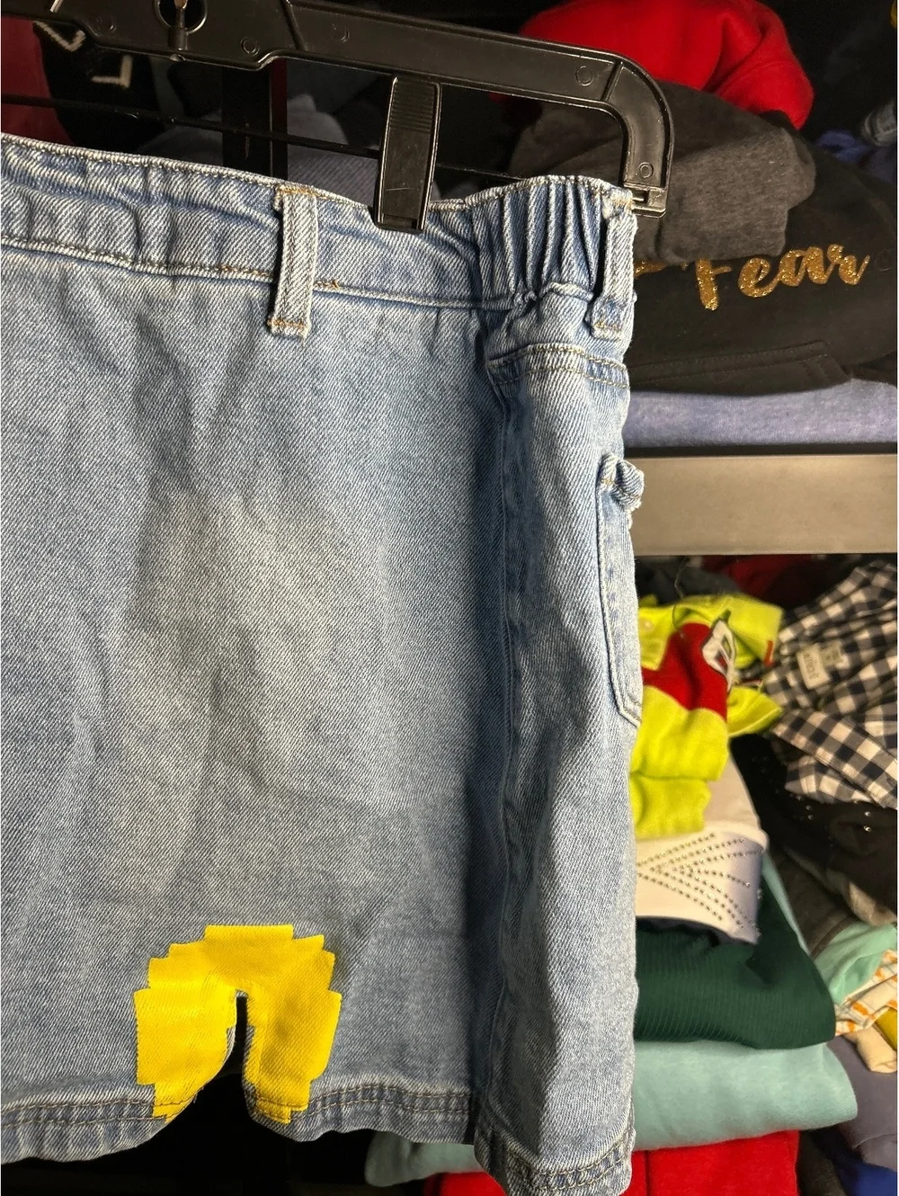 Light Blue Denim Skirt with Yellow and Pink Patches, Size L (12/14)